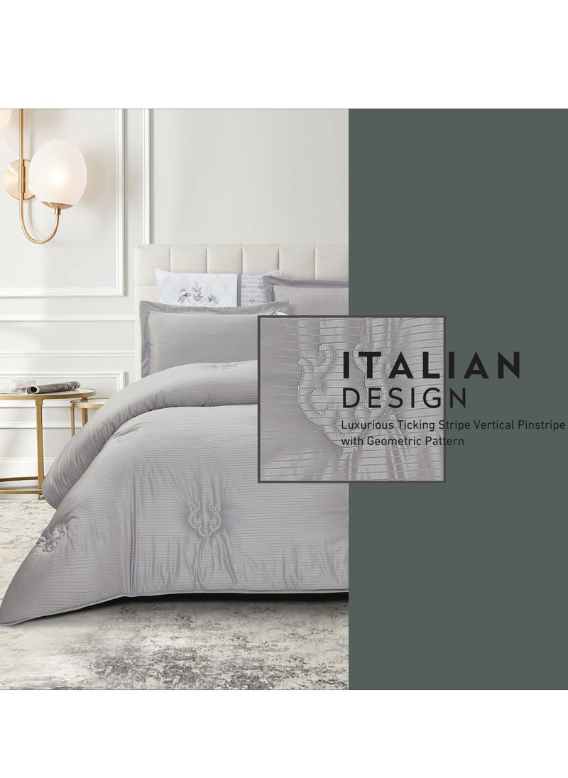 Comforter Set 6-Pcs King Size Luxurious Solid Thin Striped Embroidery Bed Set Fits 200 x200 Cms (350 GSM) With Down Alternative Filling, Silver Grey