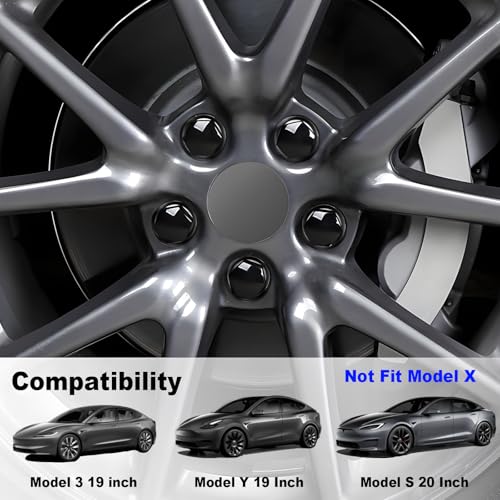 H3JANG Wheel Center Caps for Tesla Model Y Model 3 19 Inch Model S 20 Inch Wheel Hub Caps Center Cover with 4 Hub Center Cap + 20 Lug Nut Cover + 1 Pack Wrench No Logo (Dark Grey) - Image 2