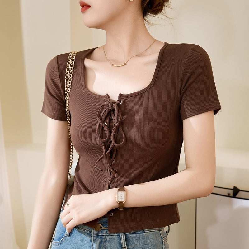 [Easy To Use] High-End Design Strappy T-Shirt For Women Summer Square Collar Short-Sleeved Top Sense Of Design Outer Wear - Image 1