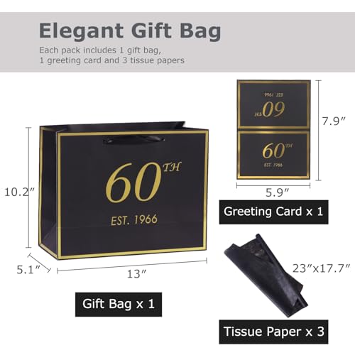 momoake 60th Birthday Gift Bag with Card and Tissue Paper for Men Women Him, 1966 60 Year Old 13" Elegant Black Gold Anniversary Keepsake Party Present Shopping Paper Bags for Gifts Wrapping - Image 2