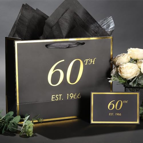 momoake 60th Birthday Gift Bag with Card and Tissue Paper for Men Women Him, 1966 60 Year Old 13" Elegant Black Gold Anniversary Keepsake Party Present Shopping Paper Bags for Gifts Wrapping - Image 5