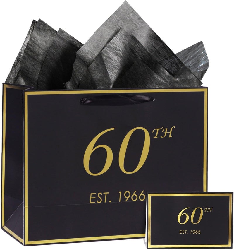momoake 60th Birthday Gift Bag with Card and Tissue Paper for Men Women Him, 1966 60 Year Old 13" Elegant Black Gold Anniversary Keepsake Party Present Shopping Paper Bags for Gifts Wrapping - Image 1