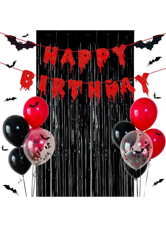 Haptda Red Glittery Happy Birthday Halloween Banner Black Foil Curtains Backdrop 3D Bat Sticker And Latex Balloons Confetti Balloon For Birthday Party Decorations Scary Party Supplies - Image 1