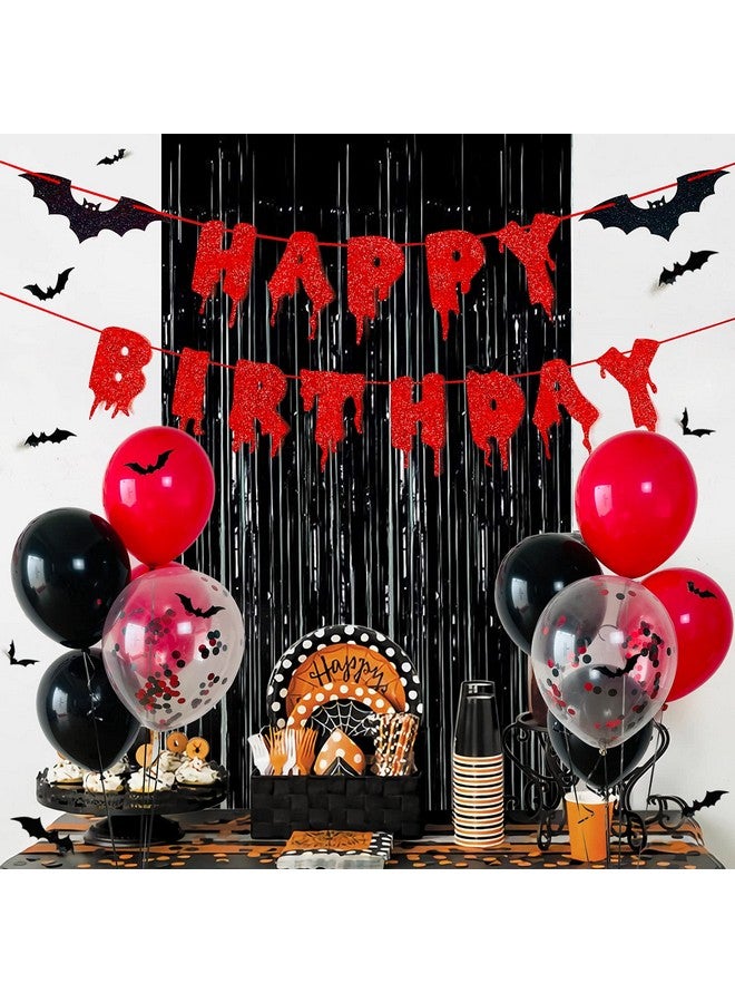 Haptda Red Glittery Happy Birthday Halloween Banner Black Foil Curtains Backdrop 3D Bat Sticker And Latex Balloons Confetti Balloon For Birthday Party Decorations Scary Party Supplies - Image 2