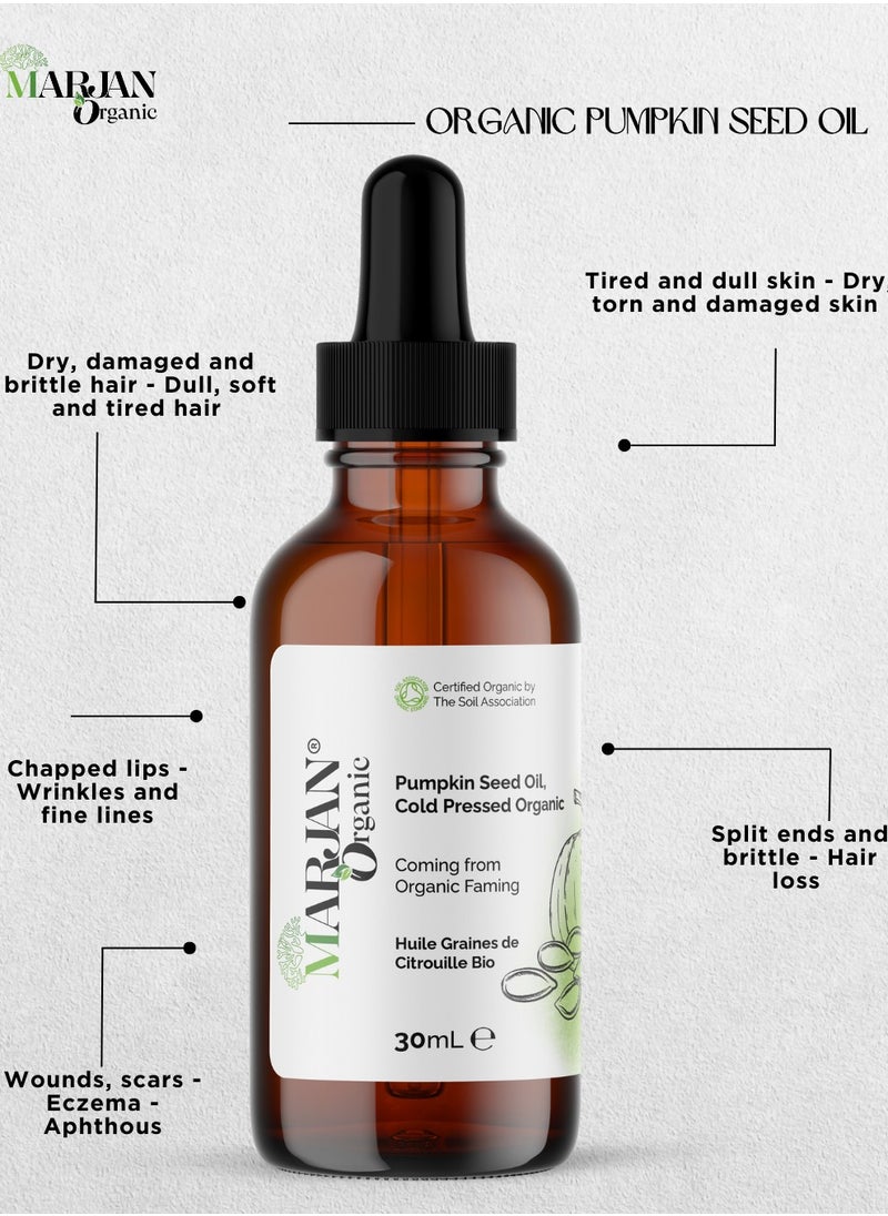 MARJAN ORGANIC Pumpkin Seed Oil 30ml - Certified Organic Cold Pressed - 100% Virgin & Pure - Deep Hydration - Hair Growth & Nourishing - Carrier Oil for Face, Skin, Body, Hair, Massage - Supports Eyebrow & Eyelash Growth  - Image 4