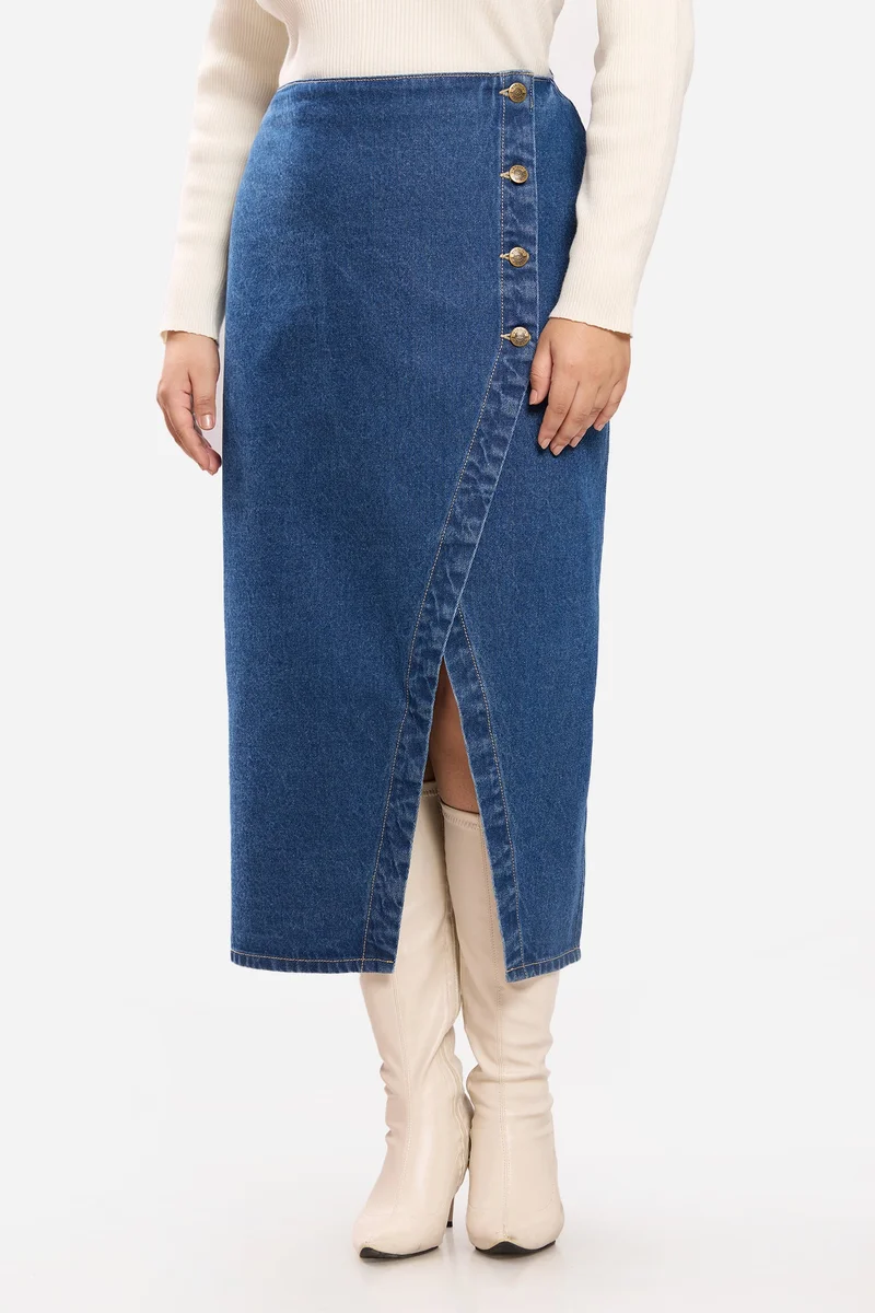 فيرجيو Solid Cotton Wrap Midi Plus Size Skirt for Women