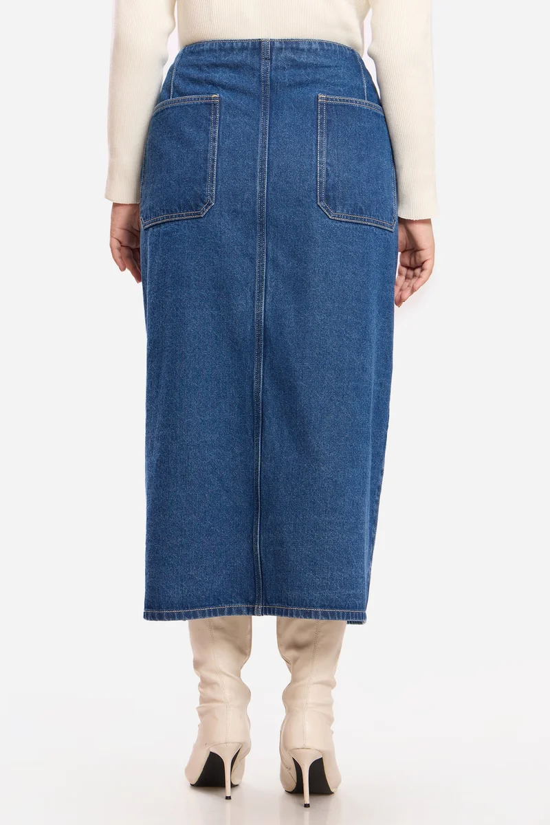 Virgio Blue Solid Cotton Wrap Midi Plus Size Skirt for Women for Women | Best Price UAE