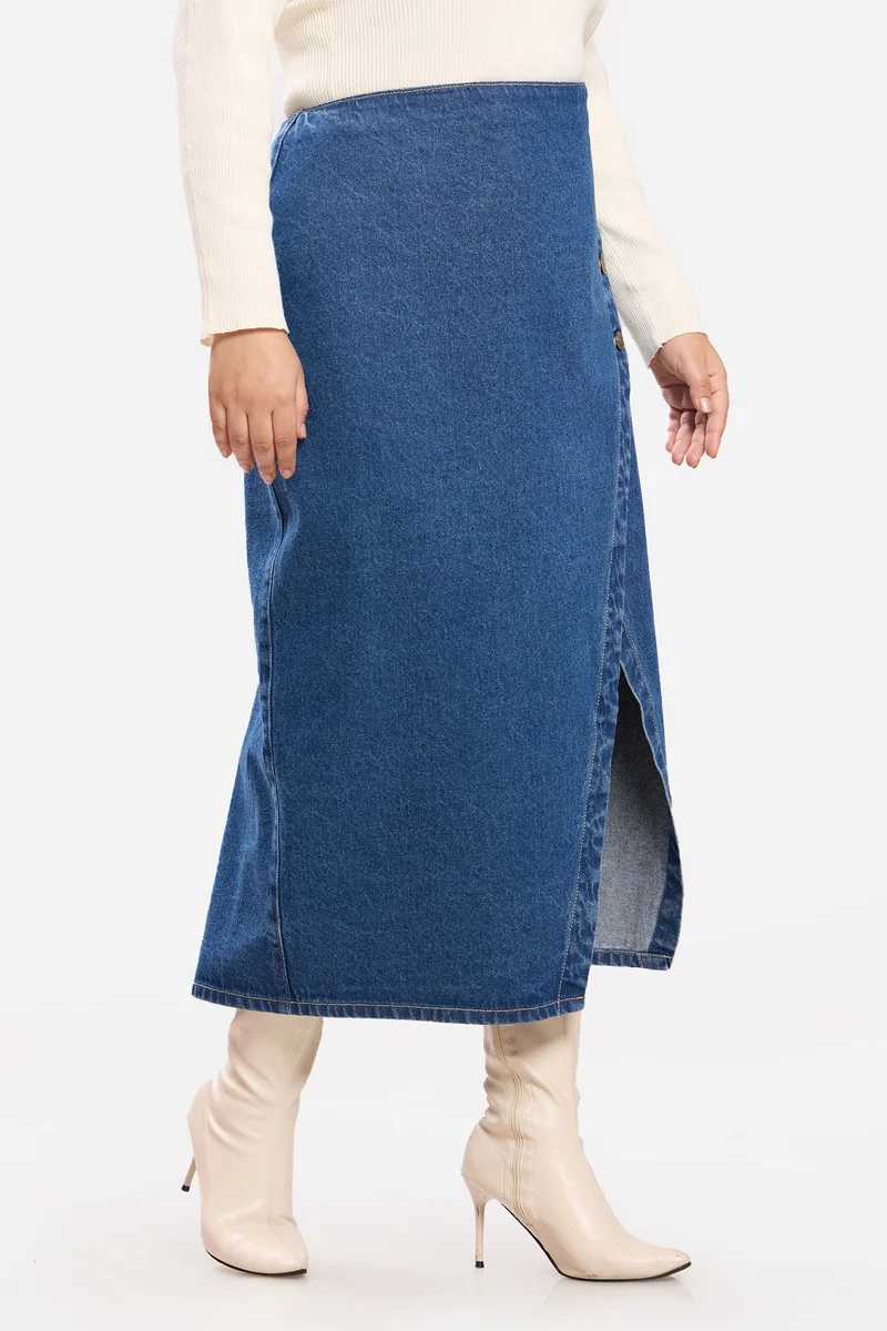 Virgio Blue Solid Cotton Wrap Midi Plus Size Skirt for Women for Women | Best Price UAE