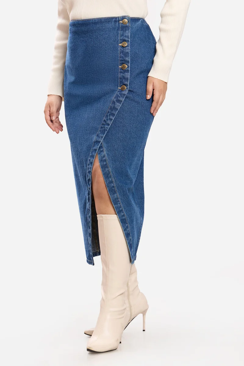 Virgio Blue Solid Cotton Wrap Midi Plus Size Skirt for Women for Women | Best Price UAE