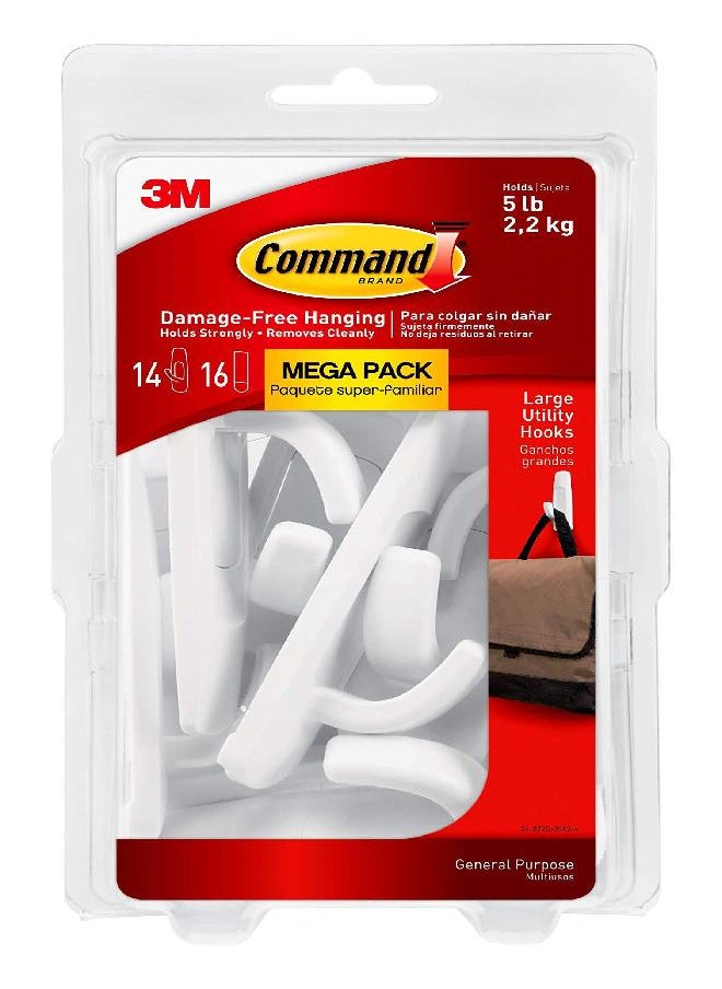 Command Command Large Utility Hooks, Damage Free Hanging Wall Hooks with Adhesive Strips, No Tools Wall Hooks for Hanging Decorations in Living Spaces, 14 White Hooks and 16 Command Strips  - Image 1