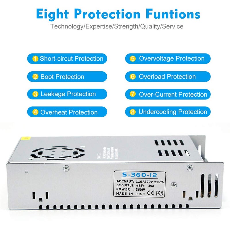 inShareplus 12V 30A 360W, DC Universal Regulated Switching Power Supply, Converter AC 100-240V to DC 12 Volt LED Driver, Transformer, Adapter for LED Strip Light, 3D Printer, Radio, Computer Project - Image 2