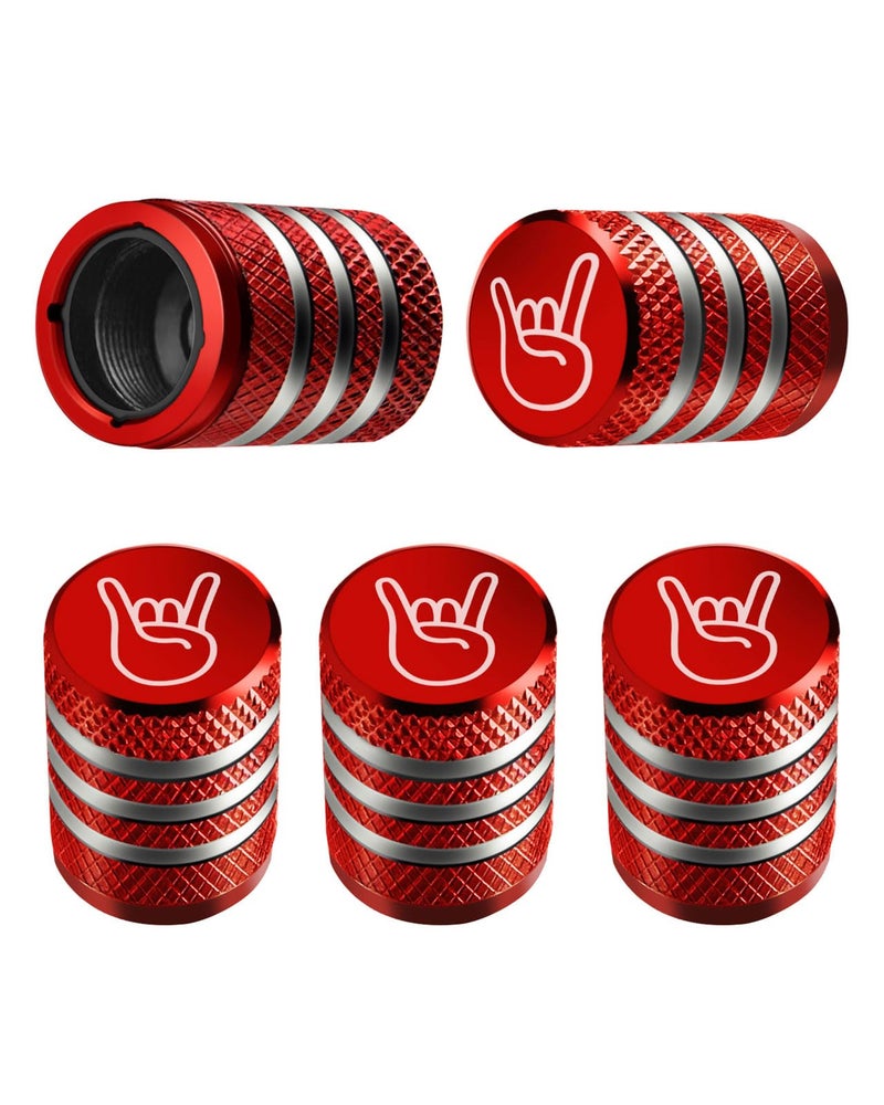 Tire Valve Stem Cap Cover 5 Pack Tire Air Cap Metal with Plastic Liner Corrosion Resistant LeakProof Rock and Roll for Car Truck Motorcycle Bike Red