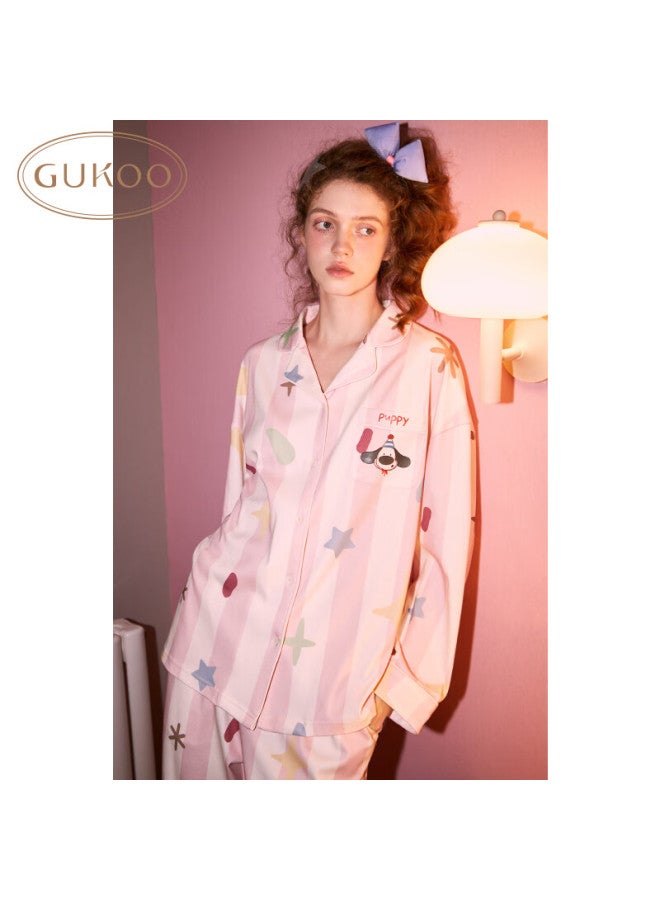 Gukoo Women's Pajamas Spring And Autumn Striped Pure Cotton Cartoon Long-sleeve Lapel Ladies Loungewear Set, Sheer Pink, M - Image 2