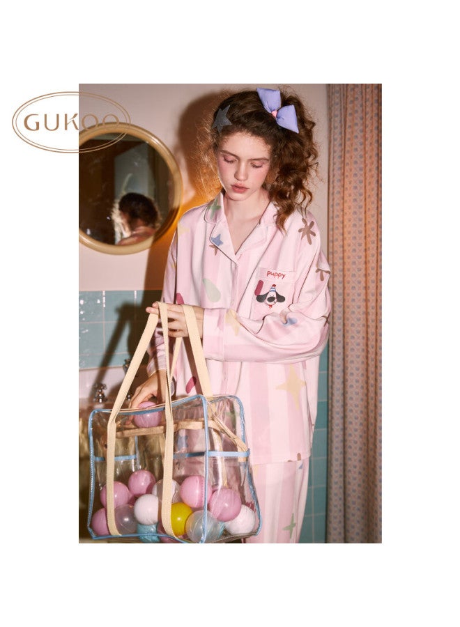 Gukoo Women's Pajamas Spring And Autumn Striped Pure Cotton Cartoon Long-sleeve Lapel Ladies Loungewear Set, Sheer Pink, M - Image 4