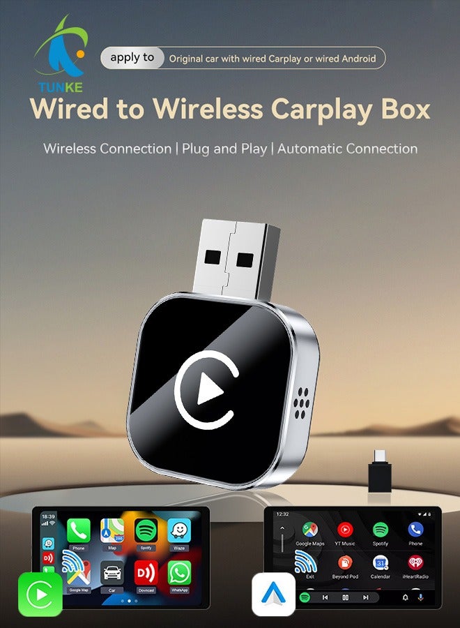 TUNKE 2-in-1 Wireless CarPlay & Android Auto Adapter – Round USB Plug & Play Dongle, Bluetooth 5.0, 5G WiFi, Voice Control – Wired to Wireless Converter - Image 1