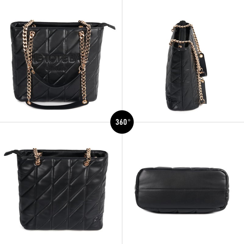 Chinllo Tote Bag for Women, Large Quilted Top Handle Chains Handbags Purse (E.Black) - Image 5