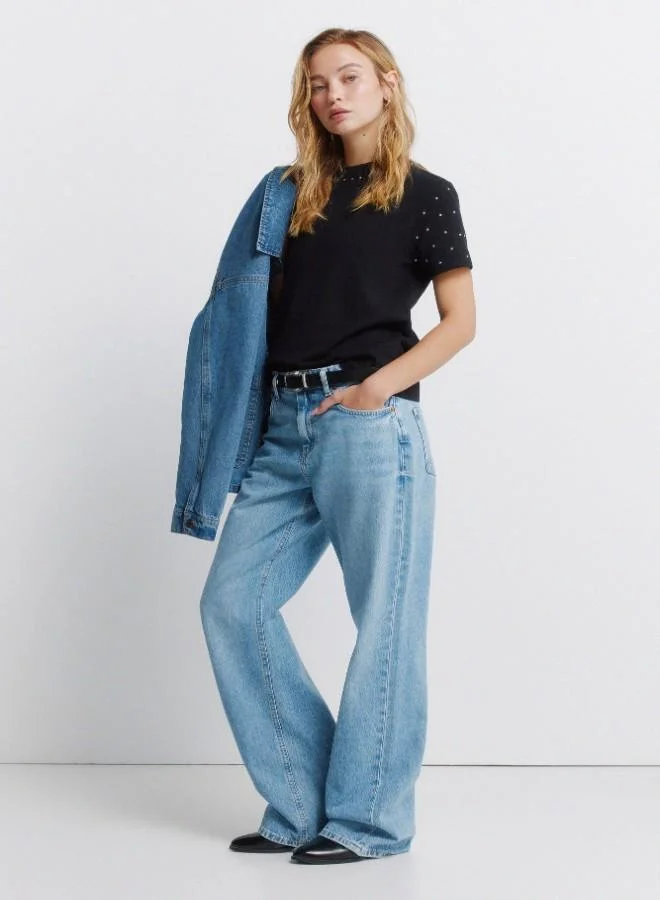 Springfield  Sustainable cotton round neck straight fit short sleeve T-shirt with studs on the neck and sleeves for Women | Best Price UAE