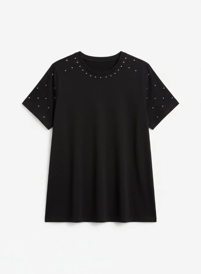 Springfield  Sustainable cotton round neck straight fit short sleeve T-shirt with studs on the neck and sleeves for Women | Best Price UAE