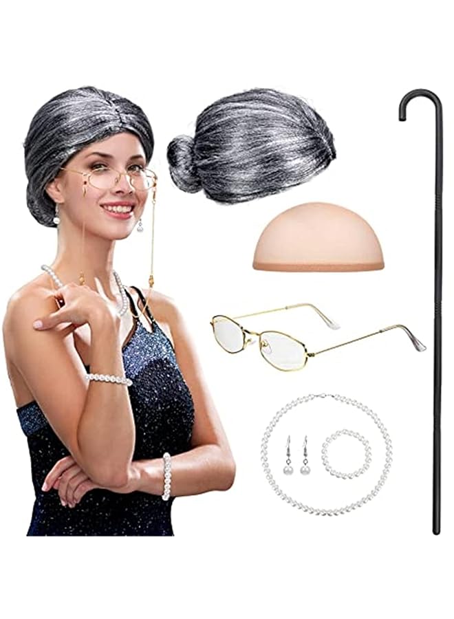 erorex Old Lady Cosplay Set Granny Wig Inflatable Cane Glasses Chain Cords Faux Pearl Bead Necklace For Halloween Costume Cosplay  - Image 2