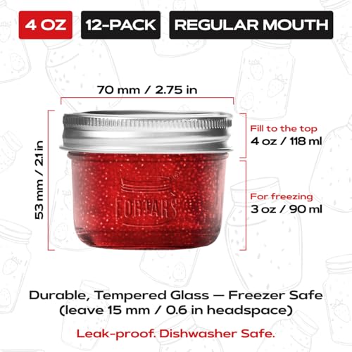 FORJARS® Premium Mason Jars with Lids – 4oz | Regular Mouth Canning Jars | 12-Pack Glass Jars for Jam, Jelly, Honey, Spices, Desserts, Sauces, Food Storage, Freezer Safe, Airtight Bulk Set - Image 3