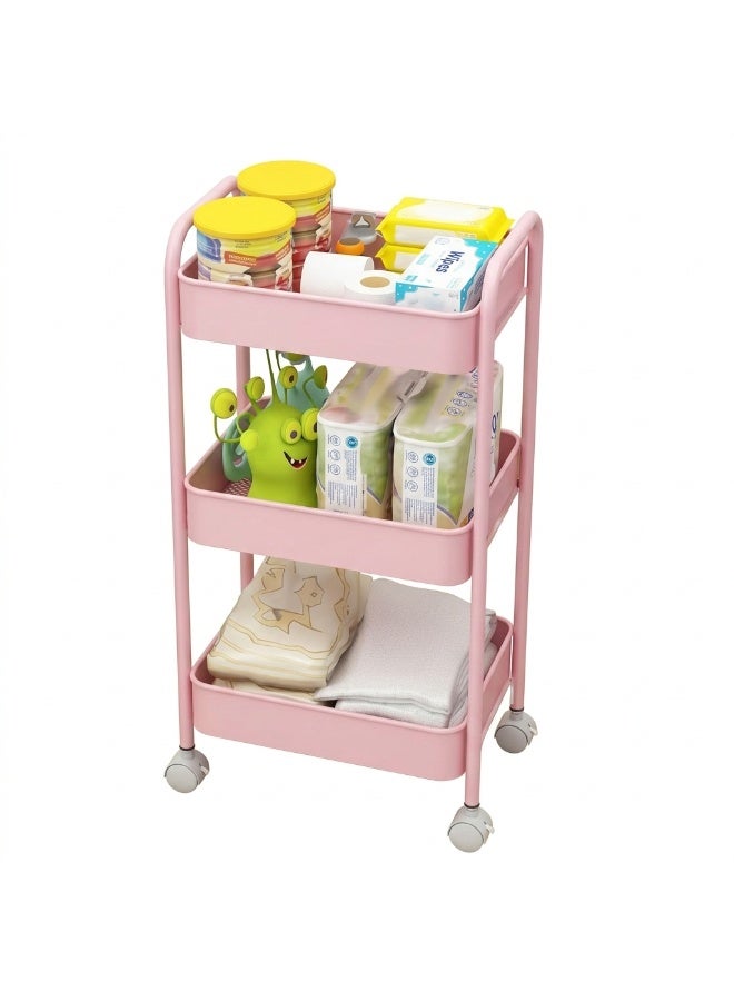 عربة تخزين متحركة بثلاثة أرفف بمقبض وعجلات – منظم متعدد الاستخدامات للمطبخ والمكتب وغرفة المعيشة – لون وردي - Image 1