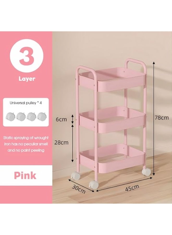 عربة تخزين متحركة بثلاثة أرفف بمقبض وعجلات – منظم متعدد الاستخدامات للمطبخ والمكتب وغرفة المعيشة – لون وردي - Image 2