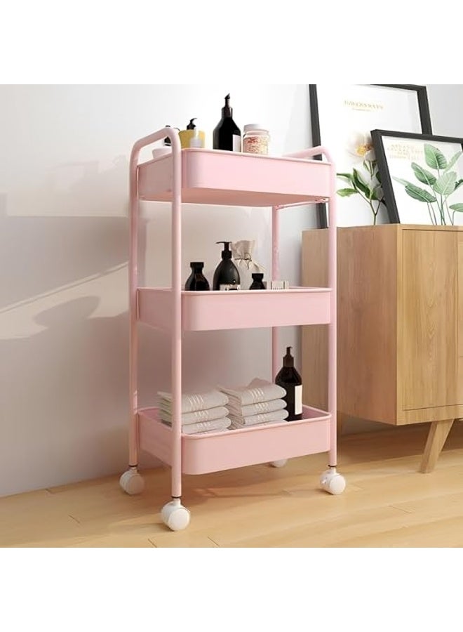 عربة تخزين متحركة بثلاثة أرفف بمقبض وعجلات – منظم متعدد الاستخدامات للمطبخ والمكتب وغرفة المعيشة – لون وردي - Image 3
