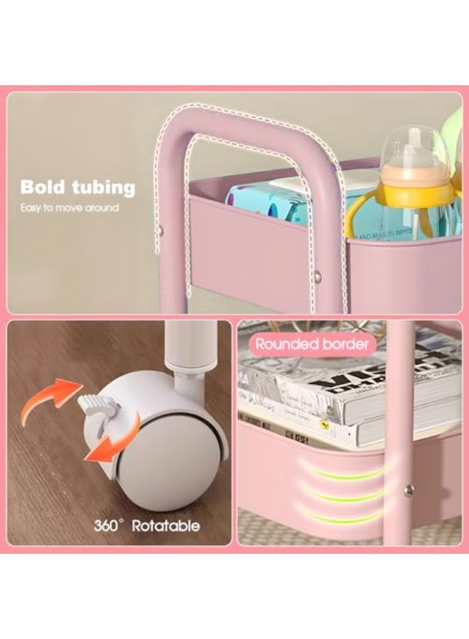 عربة تخزين متحركة بثلاثة أرفف بمقبض وعجلات – منظم متعدد الاستخدامات للمطبخ والمكتب وغرفة المعيشة – لون وردي - Image 4