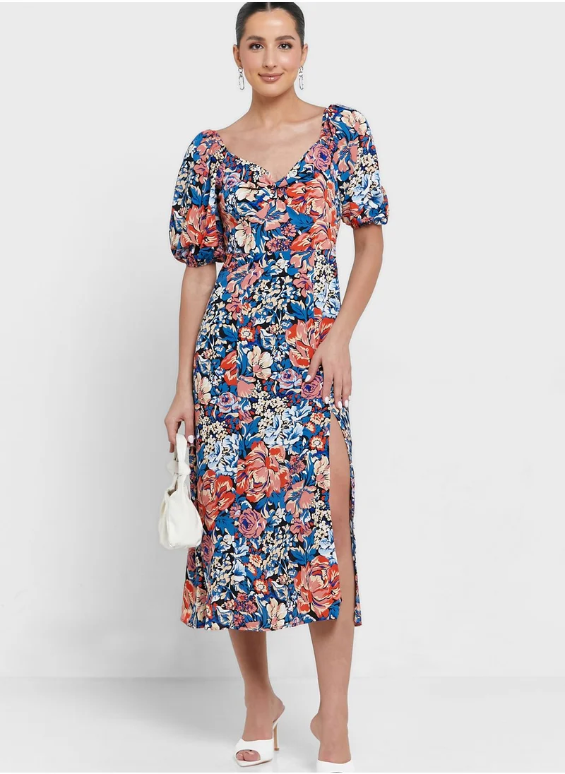 QUIZ Puff Sleeve Printed Slit Dress
