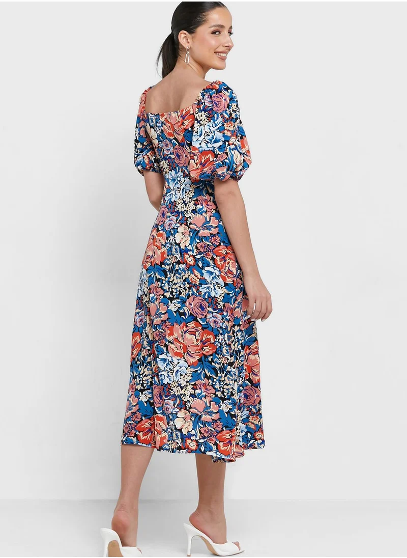 QUIZ Puff Sleeve Printed Slit Dress