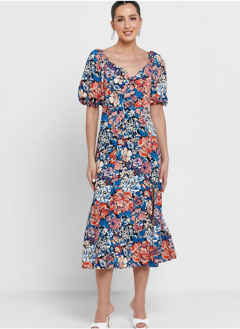 QUIZ Puff Sleeve Printed Slit Dress