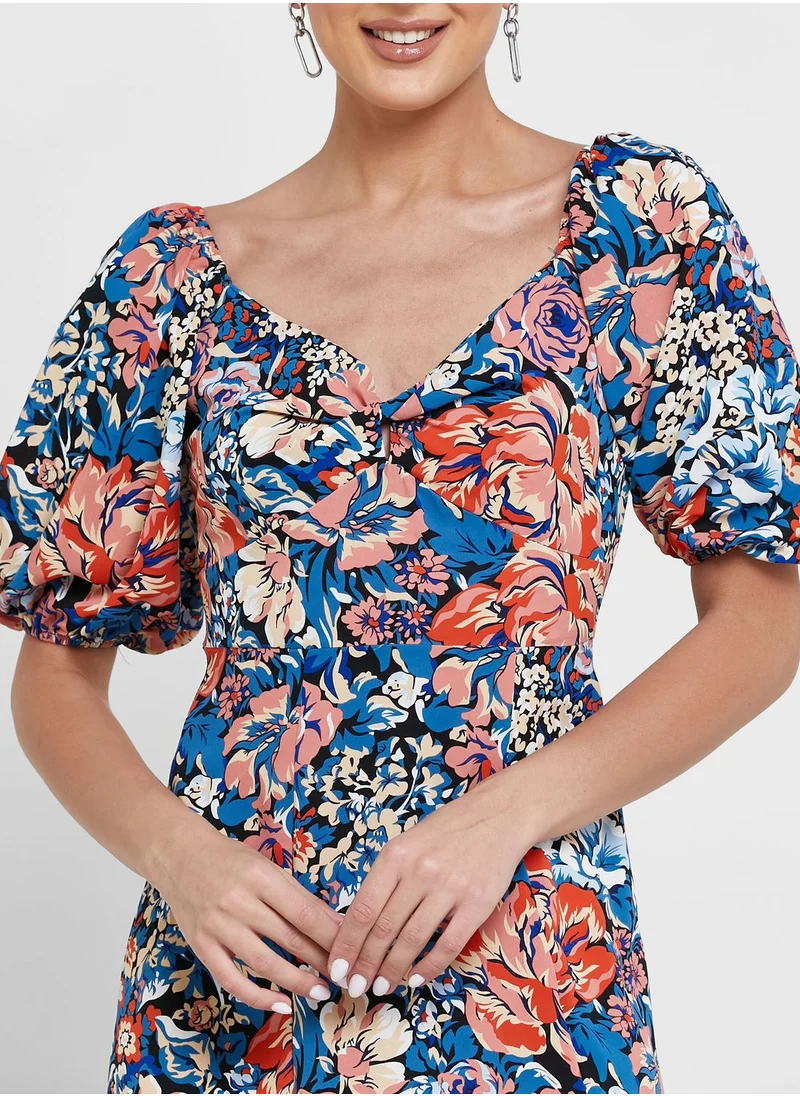 QUIZ Puff Sleeve Printed Slit Dress