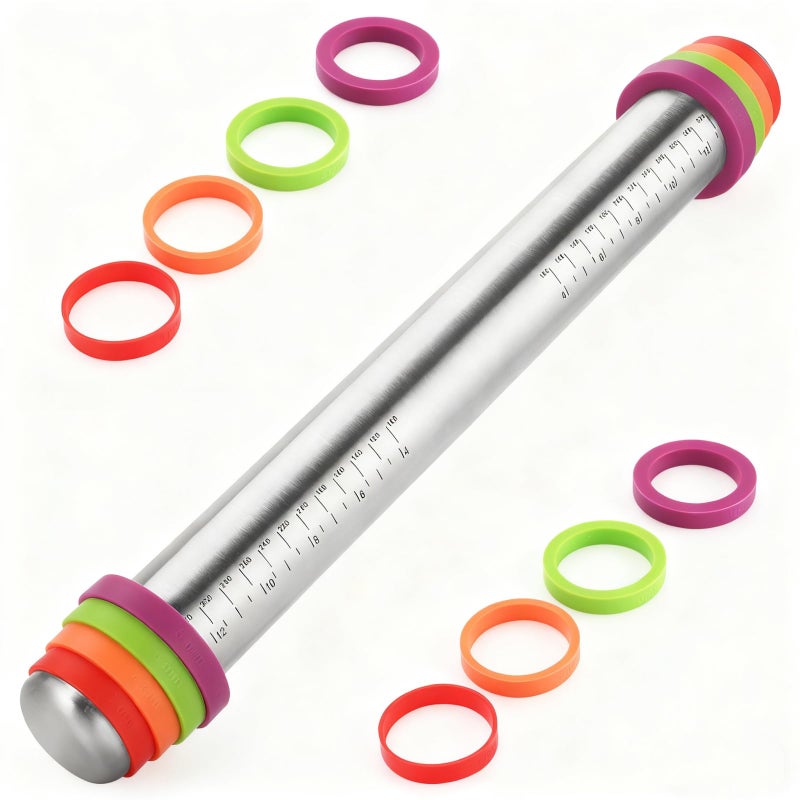 Stainless Steel Rolling Pin with Adjustable Thickness Rings 4 Interchangeable Sizing Bands for DumplingsPastaCookies Nonstick Kitchen Baking Tool Rolling pin with color thickness rings