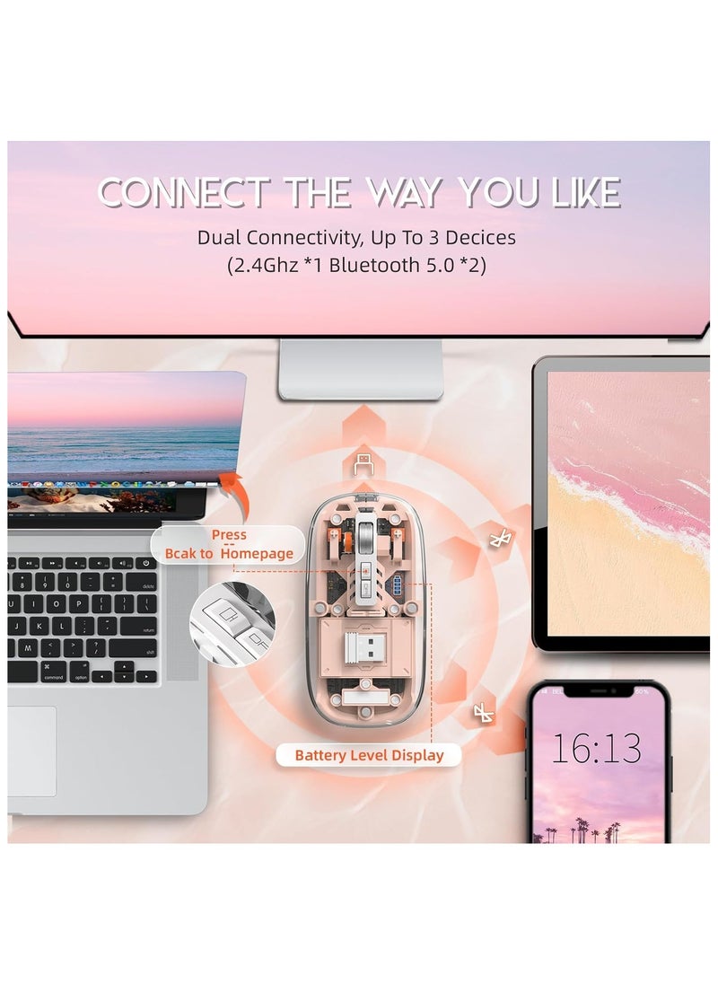 XVersion - Wireless Mouse Rechargeable Crystal Transparent, Gaming Mice Adjustable DPI, Triple 2.4G Mode Switching Bluetooth 2, Silent Mouse for PC Laptops Mac iPhone Android - Pink - Image 1