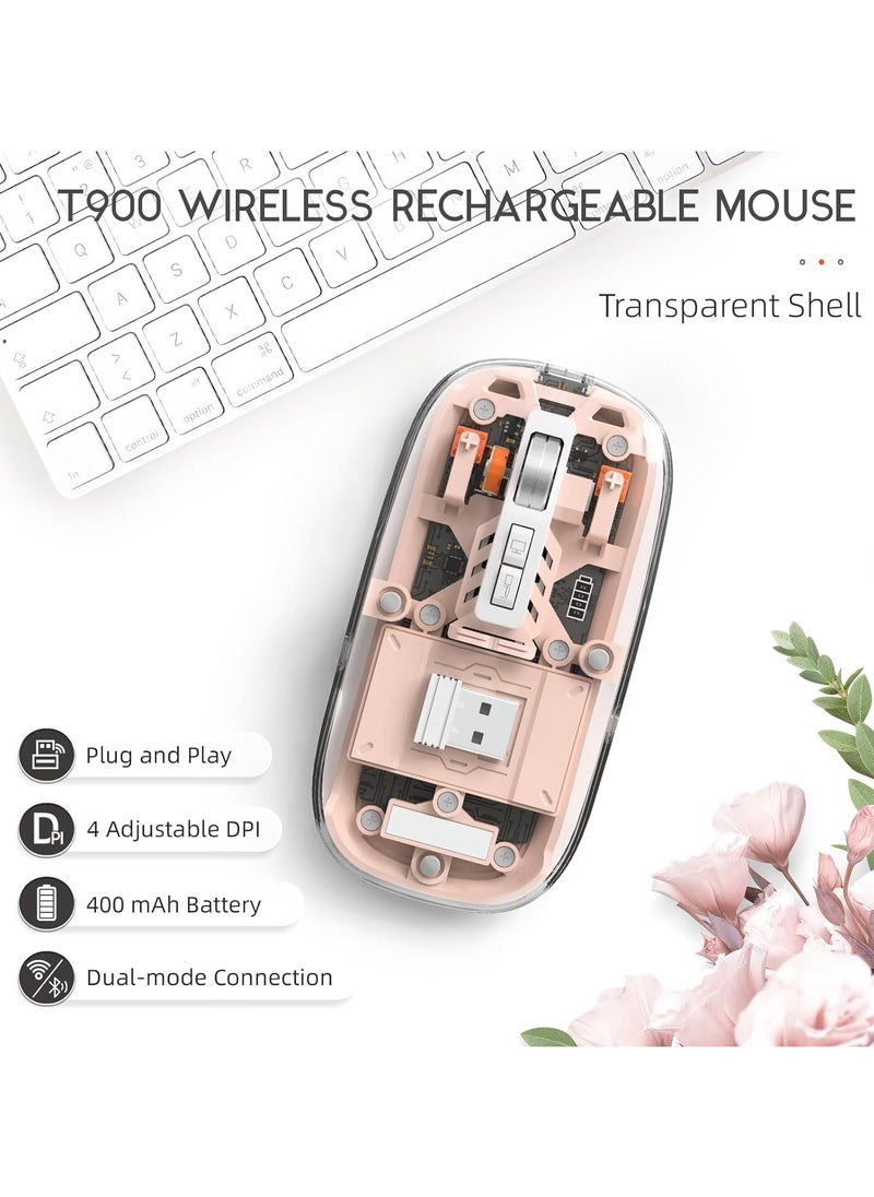 XVersion - Wireless Mouse Rechargeable Crystal Transparent, Gaming Mice Adjustable DPI, Triple 2.4G Mode Switching Bluetooth 2, Silent Mouse for PC Laptops Mac iPhone Android - Pink - Image 1