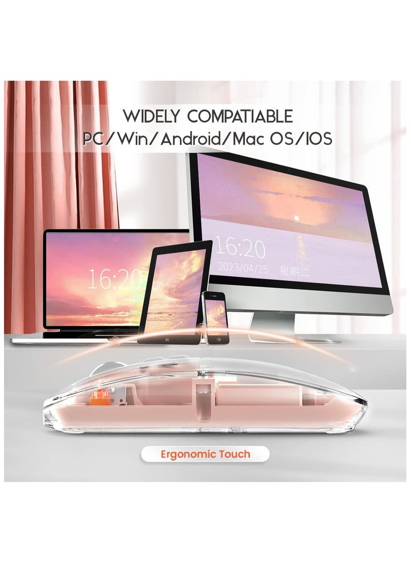 XVersion - Wireless Mouse Rechargeable Crystal Transparent, Gaming Mice Adjustable DPI, Triple 2.4G Mode Switching Bluetooth 2, Silent Mouse for PC Laptops Mac iPhone Android - Pink - Image 1