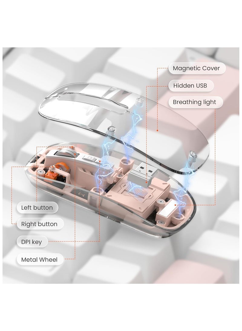 XVersion - Wireless Mouse Rechargeable Crystal Transparent, Gaming Mice Adjustable DPI, Triple 2.4G Mode Switching Bluetooth 2, Silent Mouse for PC Laptops Mac iPhone Android - Pink - Image 1