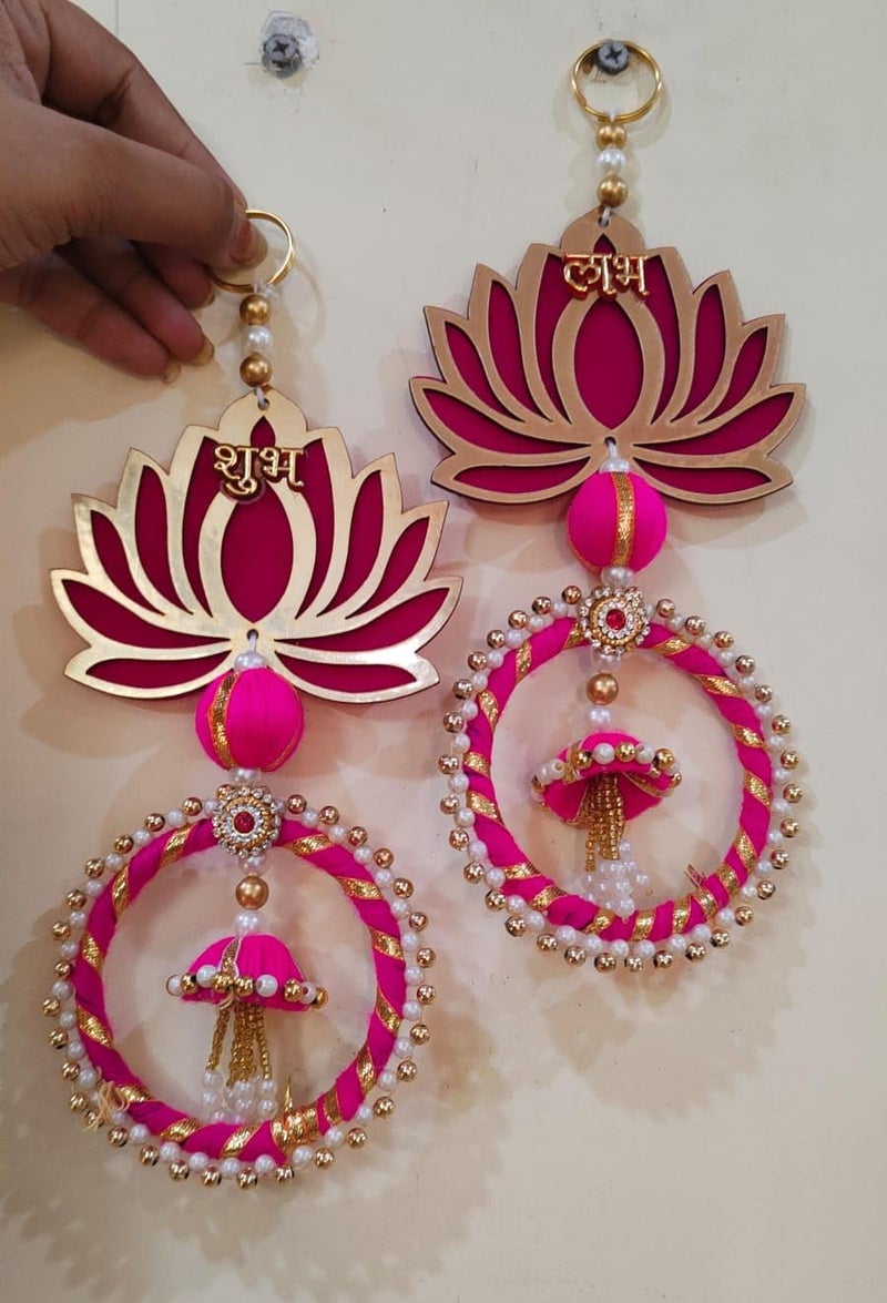 SELLPLUS Sellplus Decor Lotus Shubh Labh Door Hanging MDF Wooden ToranSide Door Toran for Main Door Traditional Bandhanwar for Home Door DiwaliNavaratriDussehra All Festivals Decoration 