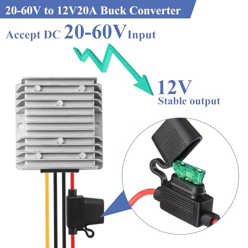 YABOANG DC/DC Converter Buck 20-60V to 12V,DC/DC Voltage Converter 20V/24V/36V/48V/60V to 12V20A 240W MAX Power Transformer Waterproof Step Down Module for Automotive, LED Lights, Trucks, Tools - Image 2