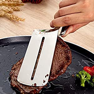 Clickswift New BBQ Cooking Tool Frying Turner Double Sided Spatula Multi-Functional Stainless Steel Food Flipping Clip Steak Tong Food Clamp 1 Pcs Silver Color - Image 2