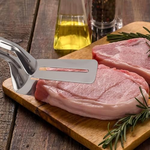 Clickswift New BBQ Cooking Tool Frying Turner Double Sided Spatula Multi-Functional Stainless Steel Food Flipping Clip Steak Tong Food Clamp 1 Pcs Silver Color - Image 4