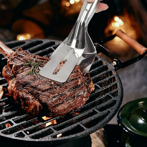 Clickswift New BBQ Cooking Tool Frying Turner Double Sided Spatula Multi-Functional Stainless Steel Food Flipping Clip Steak Tong Food Clamp 1 Pcs Silver Color - Image 5
