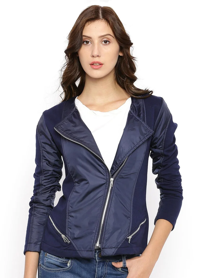 Campus Sutra Women's Navy Blue Asymmetrical-Knit Zip-Front Jacket