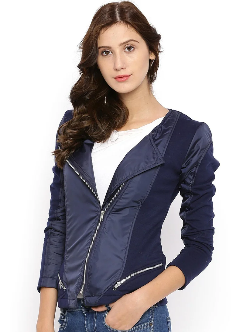 Campus Sutra Women's Navy Blue Asymmetrical-Knit Zip-Front Jacket