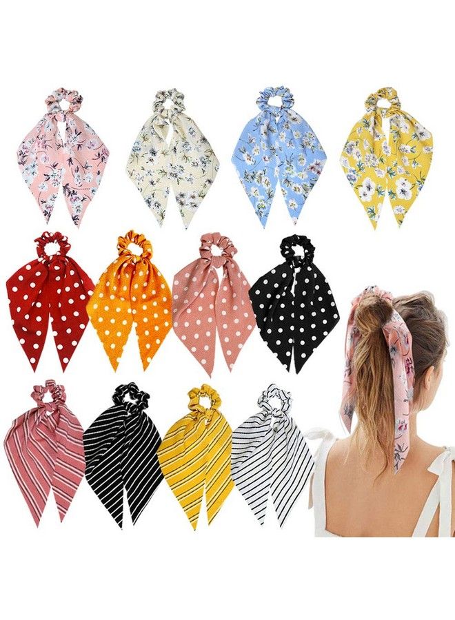 Sunaction 12 Pcs Hair Scarf Scrunchie Chiffon Dot Stripe Floral Hair Scarf Ponytail Holdershair Scarves For Ponytails  - Image 2