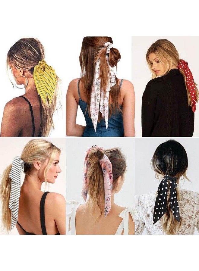 Sunaction 12 Pcs Hair Scarf Scrunchie Chiffon Dot Stripe Floral Hair Scarf Ponytail Holdershair Scarves For Ponytails  - Image 3