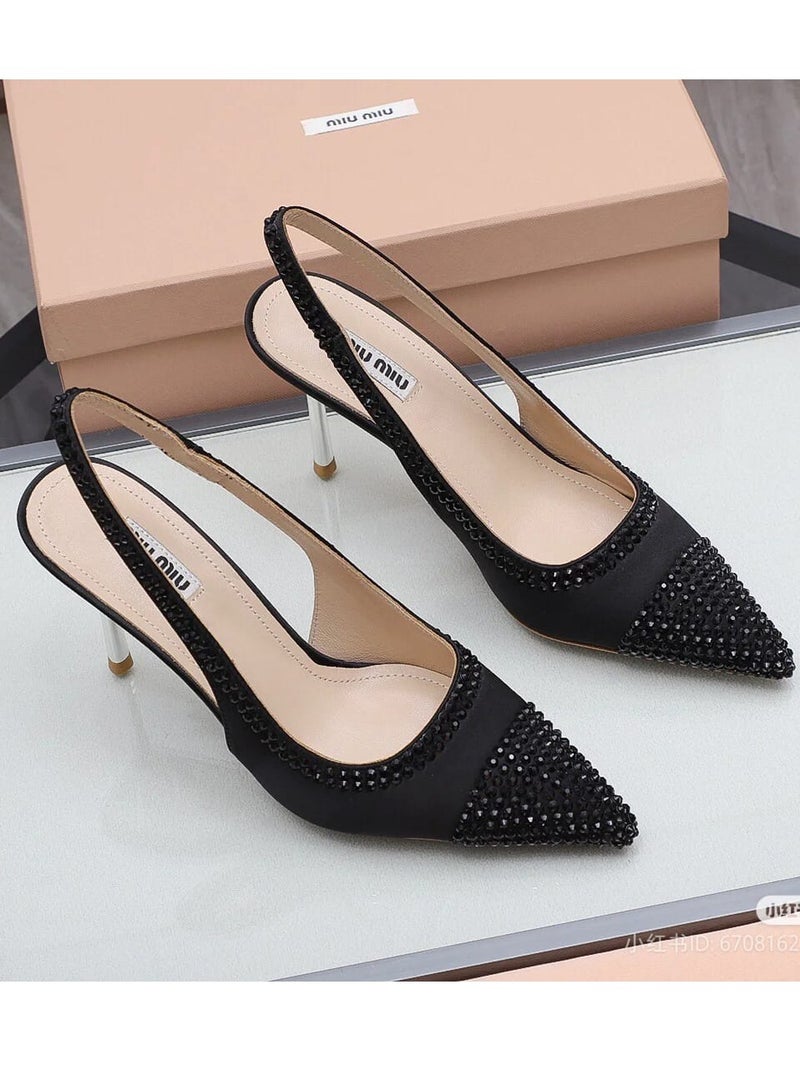 مياو مياو حذاء بكعب مفتوح من الخلف مزين بالكريستال من الساتان - Image 2