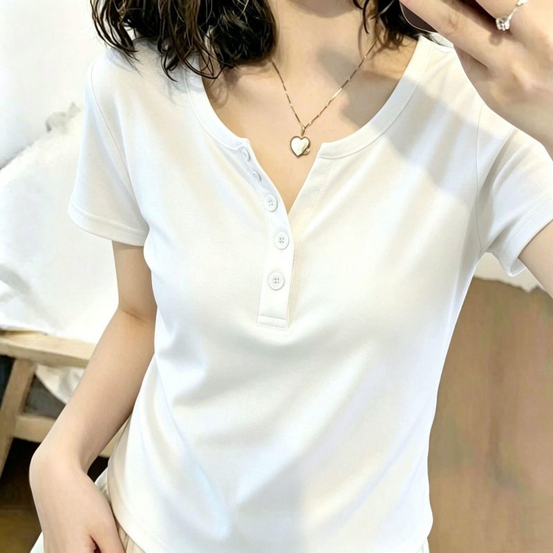 بالإضافة إلى حجم النساء الموضة الجديدة V-Neck زر قصيرة الأكمام تي شيرت ، التخسيس والتنوع ، مناسبة للأرقام السمينة قليلا - Image 4