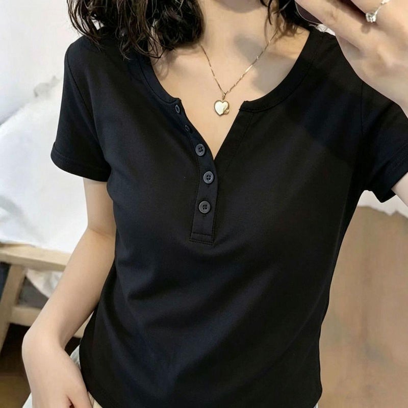 بالإضافة إلى حجم النساء الموضة الجديدة V-Neck زر قصيرة الأكمام تي شيرت ، التخسيس والتنوع ، مناسبة للأرقام السمينة قليلا - Image 1