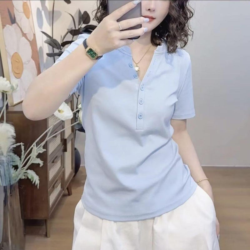 بالإضافة إلى حجم النساء الموضة الجديدة V-Neck زر قصيرة الأكمام تي شيرت ، التخسيس والتنوع ، مناسبة للأرقام السمينة قليلا - Image 3